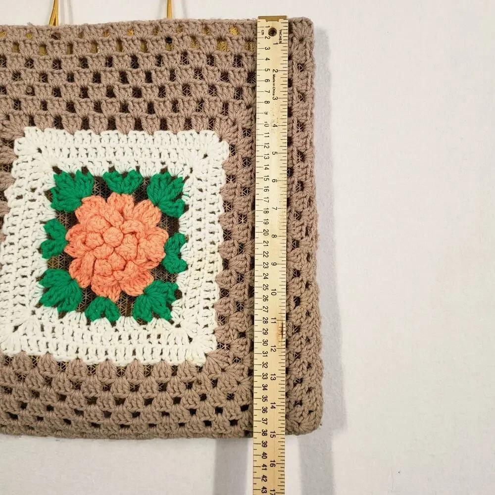 Crochet Floral Tote‎ Bag Medium Tan Orange Dimensional Flowers Boho